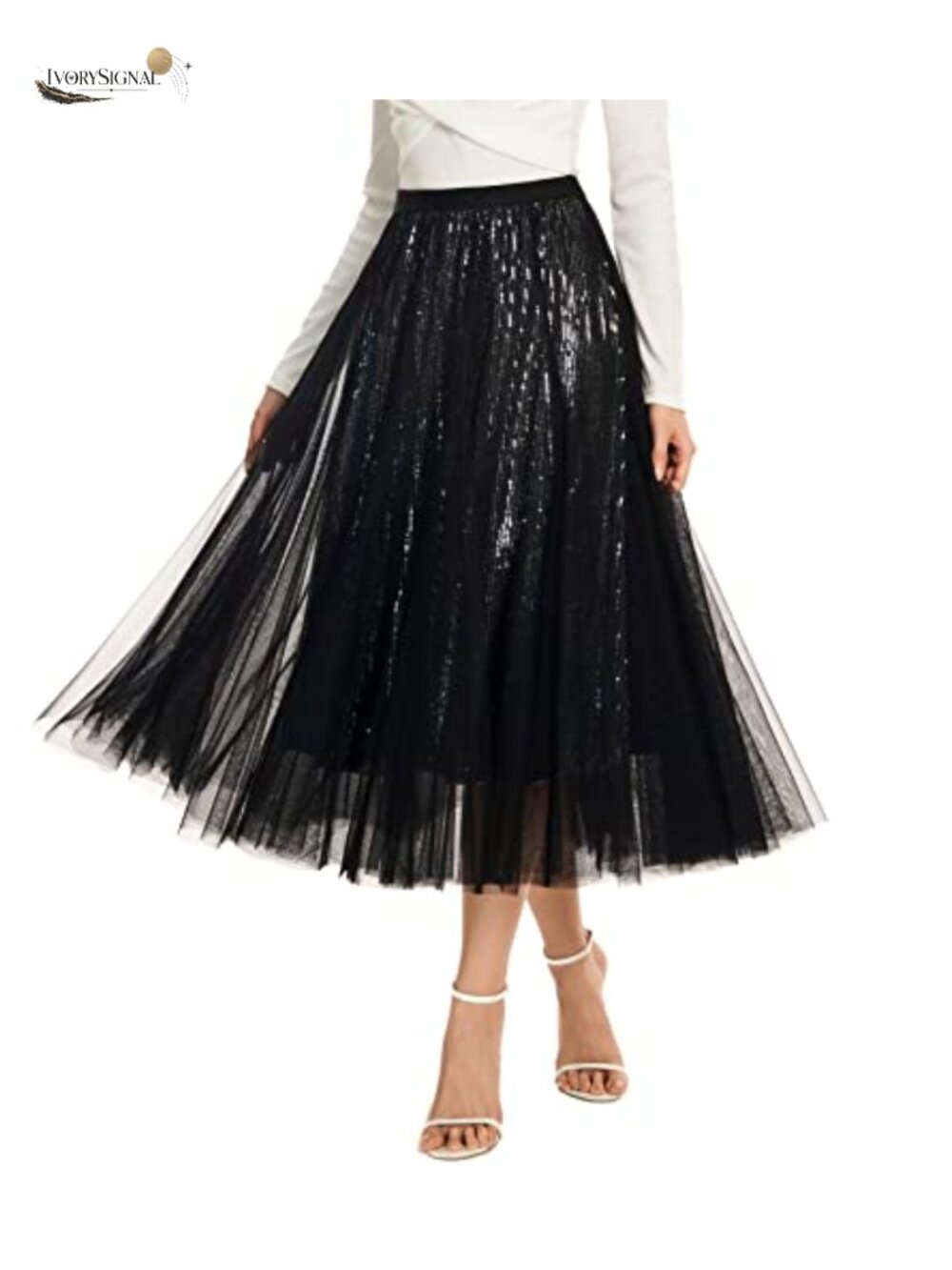 Sequin Tulle Long Skirt Layered Flowy Fairy Tea Length Big Hem Women